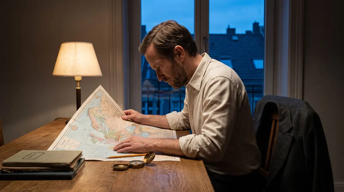 Arthur at a table with a map of the route spread out in front of him