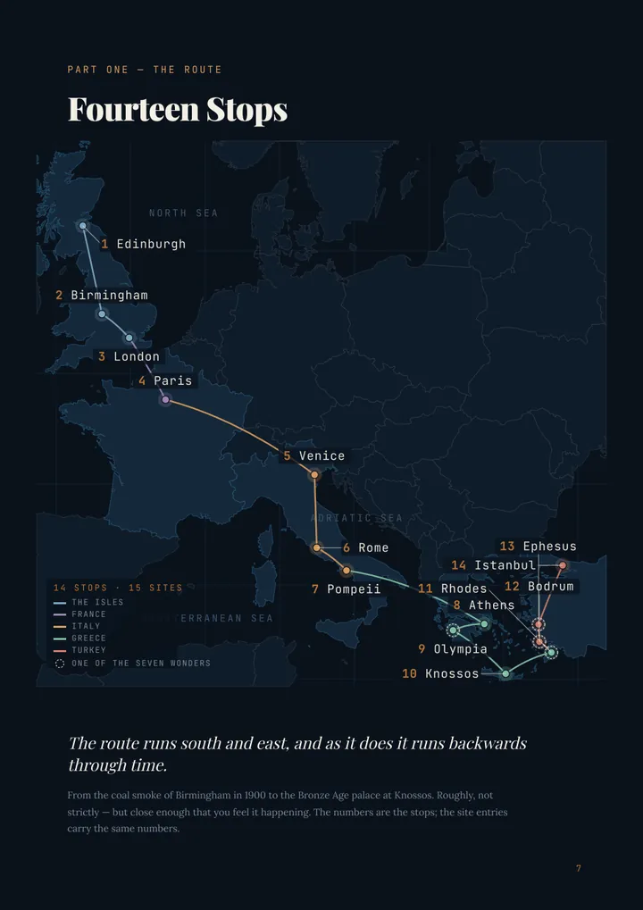 Page 7: The route: fourteen stops in order